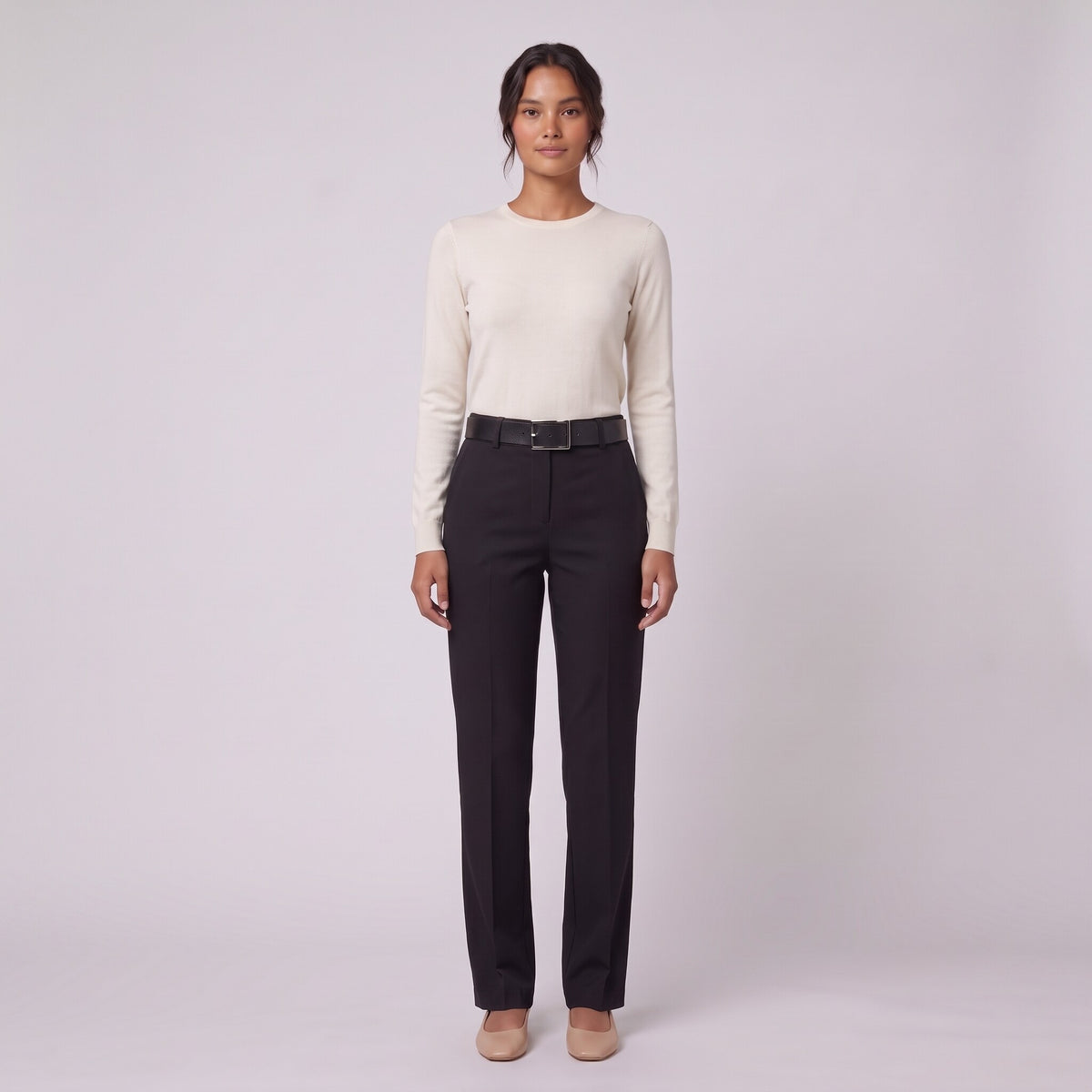 Ingeborg straight leg trousers in black twill with belt, front view on model