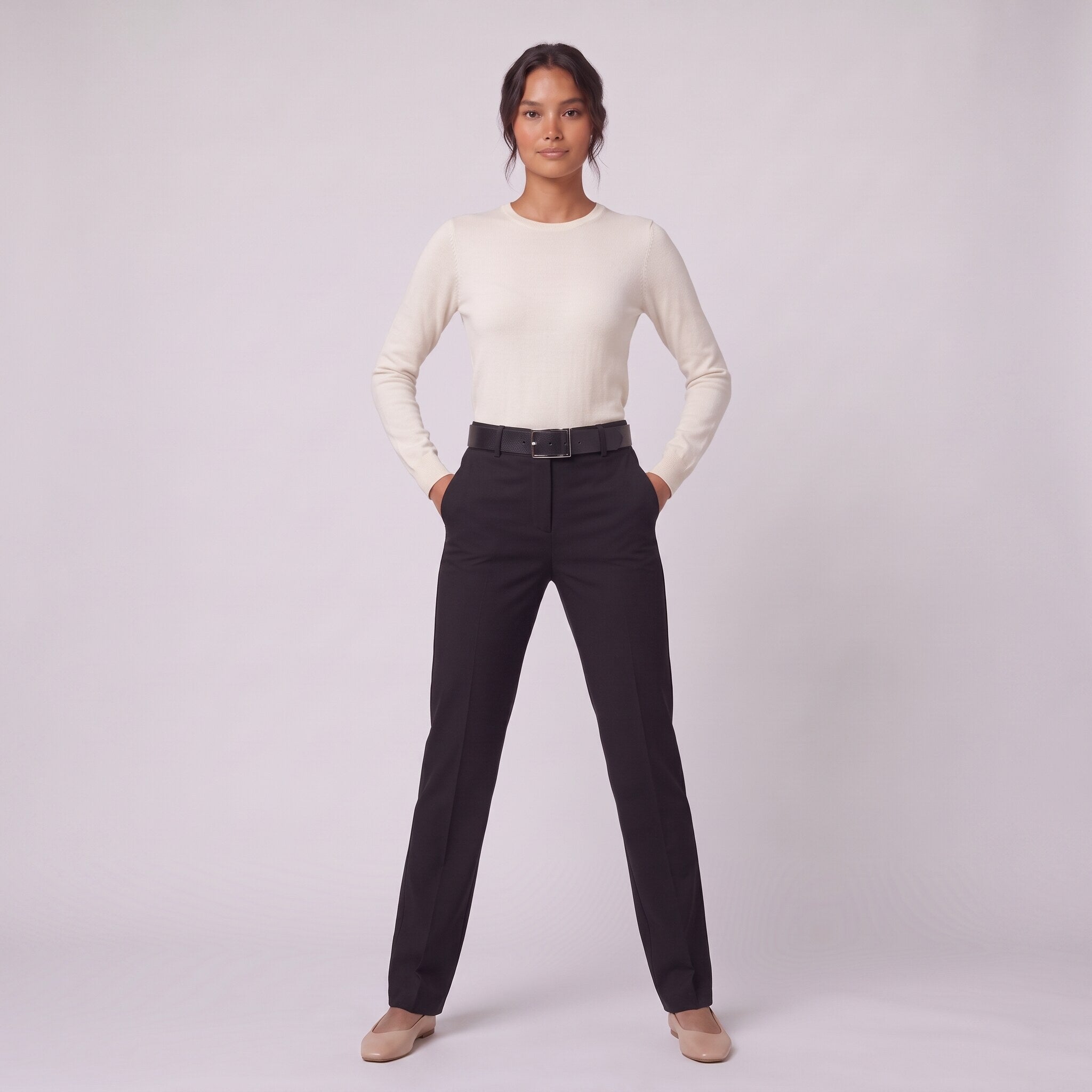 Ingeborg straight leg trousers in black twill, full-length view with hands in pockets