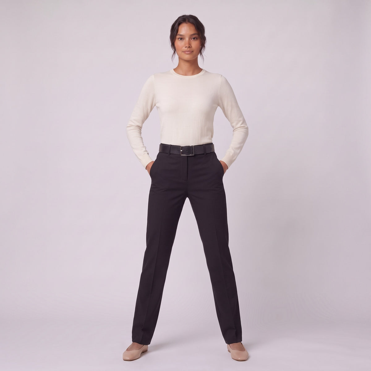 Ingeborg straight leg trousers in black twill, full-length view with hands in pockets