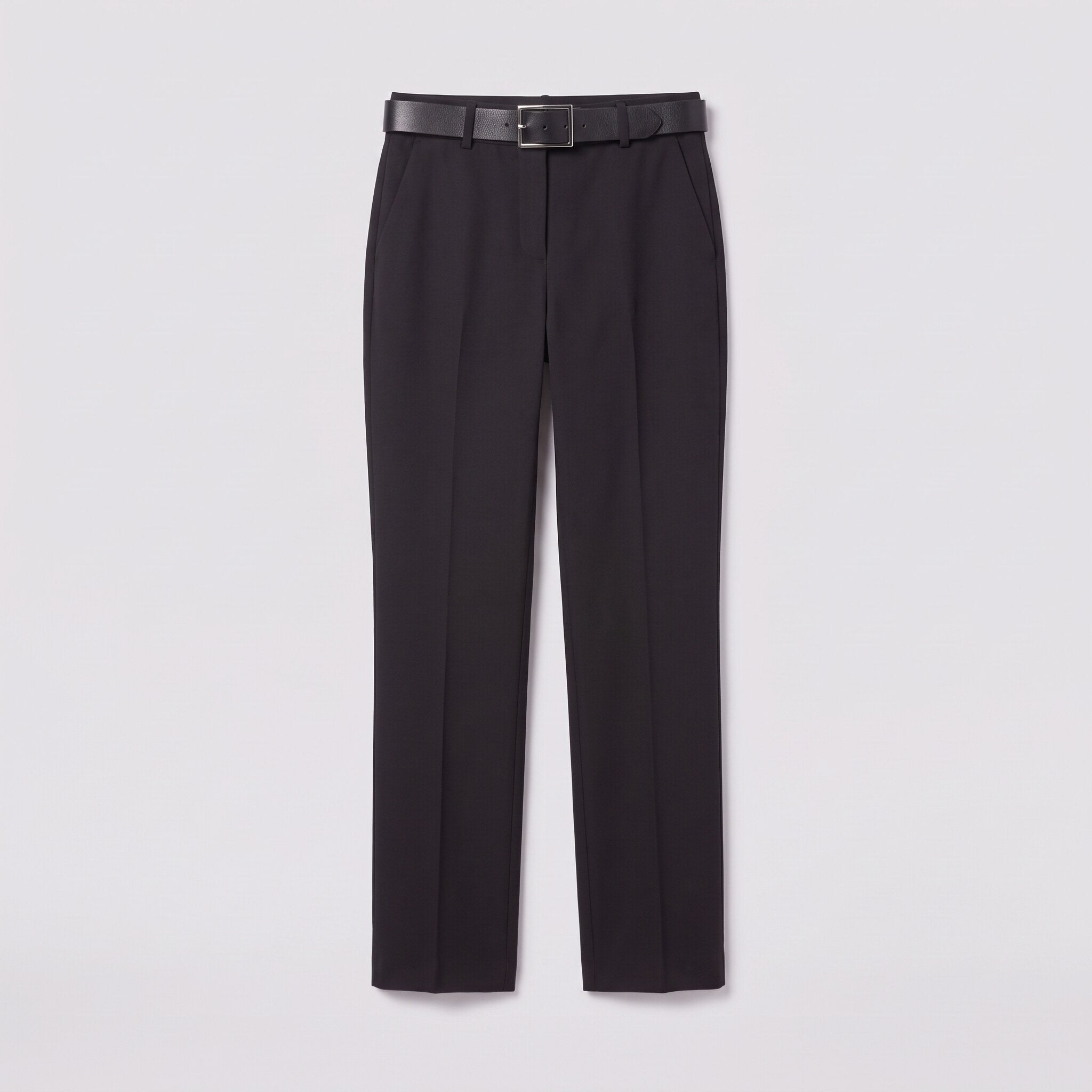 Ingeborg straight leg trousers flat lay, full garment in black twill with belt on light grey