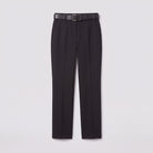 Ingeborg straight leg trousers flat lay, full garment in black twill with belt on light grey