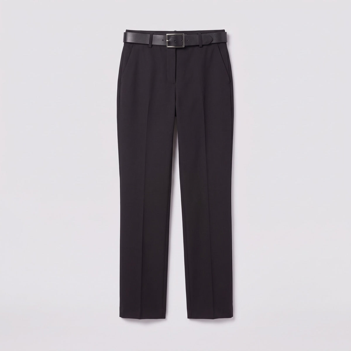 Ingeborg straight leg trousers flat lay, full garment in black twill with belt on light grey