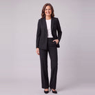 Iris black pinstripe double-breasted suit with wide-leg trousers, front view