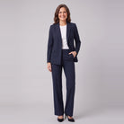 Iris navy pinstripe double-breasted blazer with matching wide-leg trousers, front view
