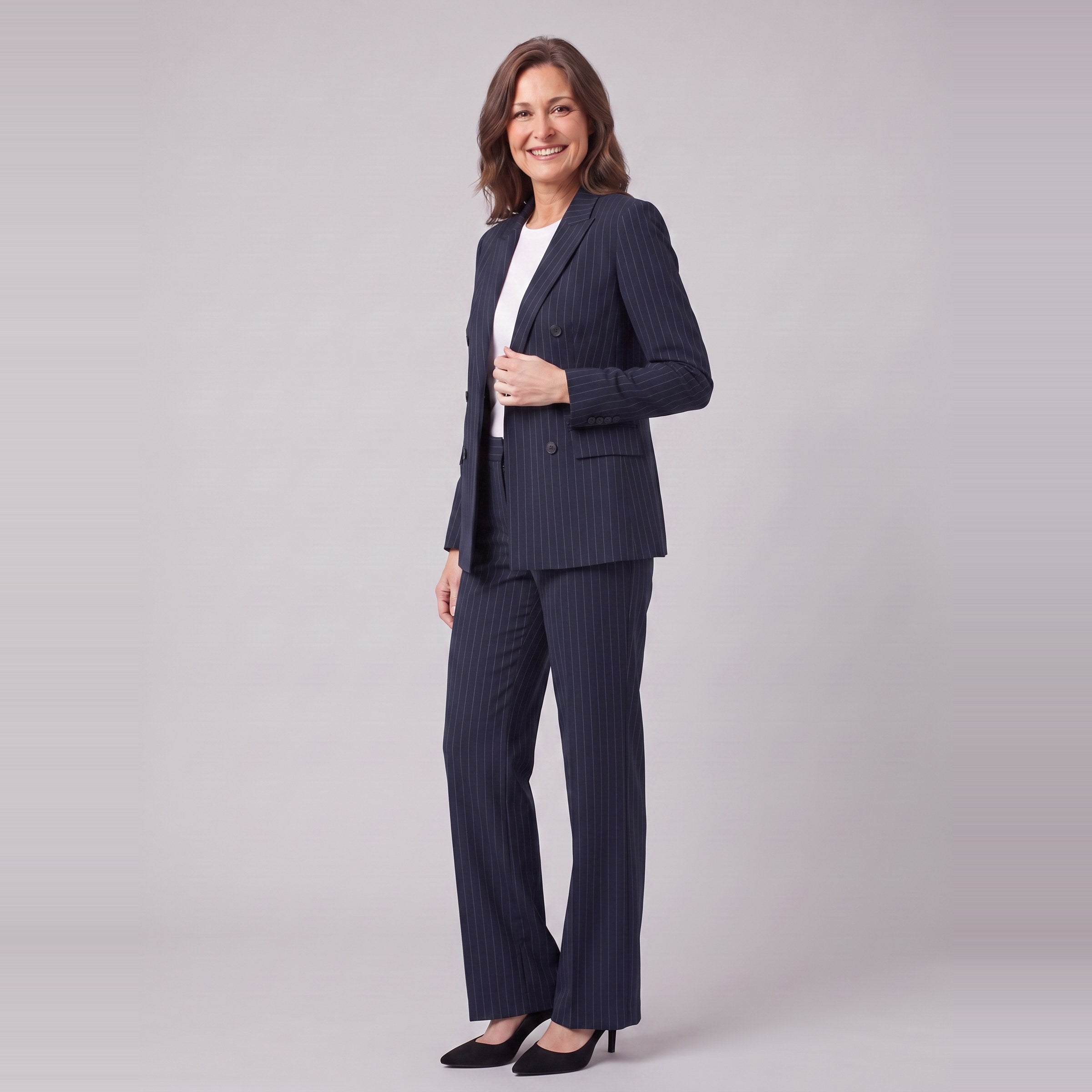 Iris navy pinstripe suit, three-quarter view showing the lapel