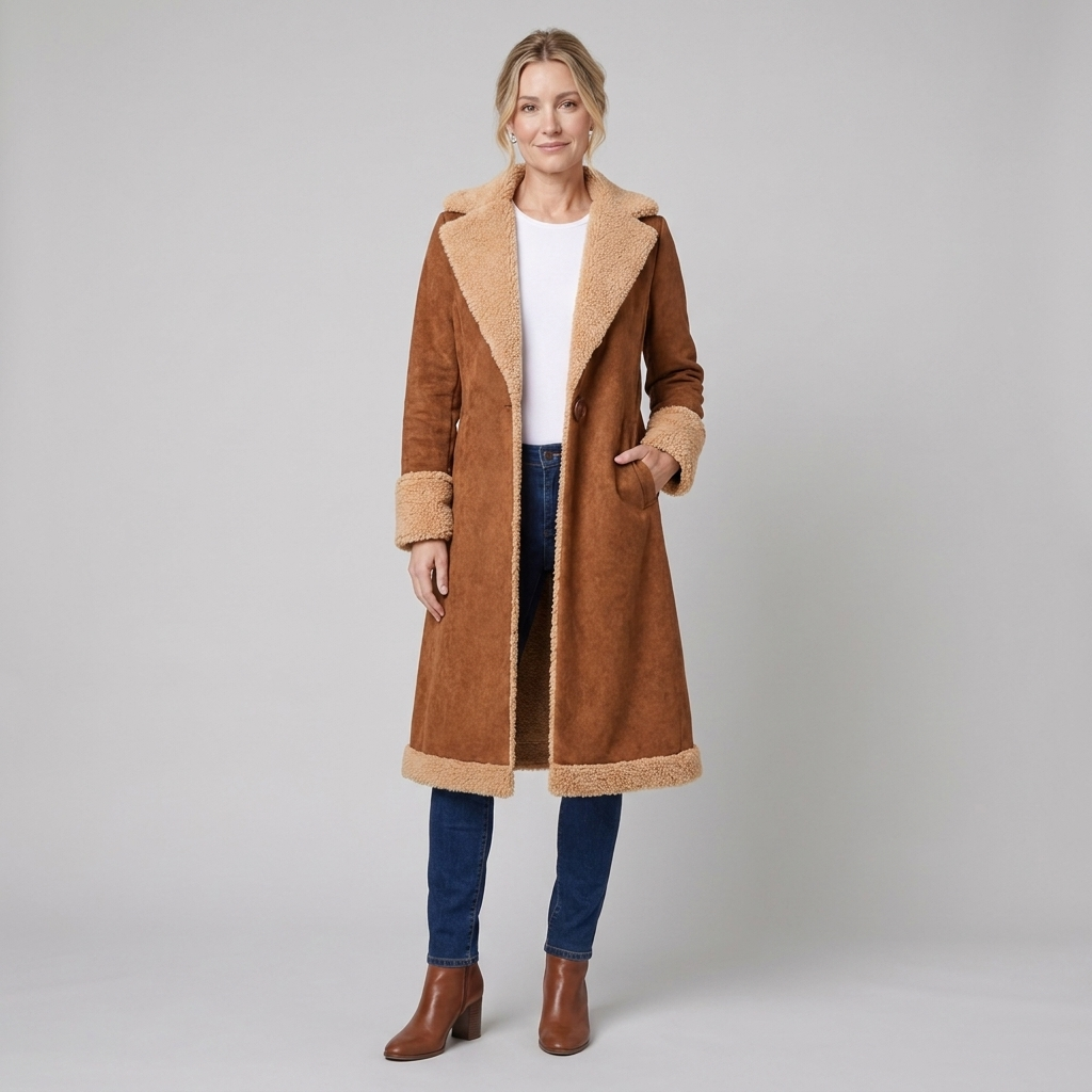 Full-length faux suede trench coat in brown, view 2