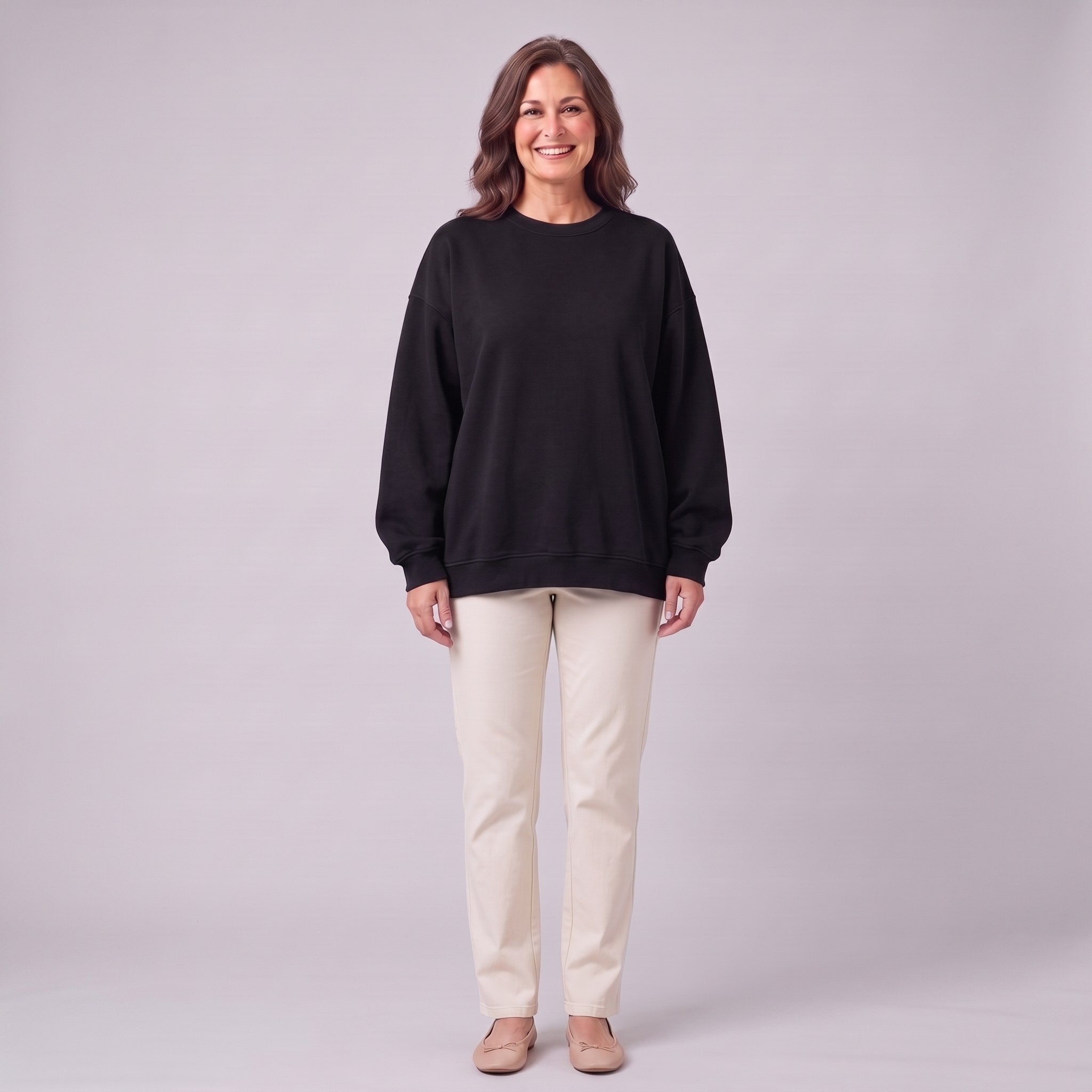 Kaia oversized sweatshirt in black, front view on model