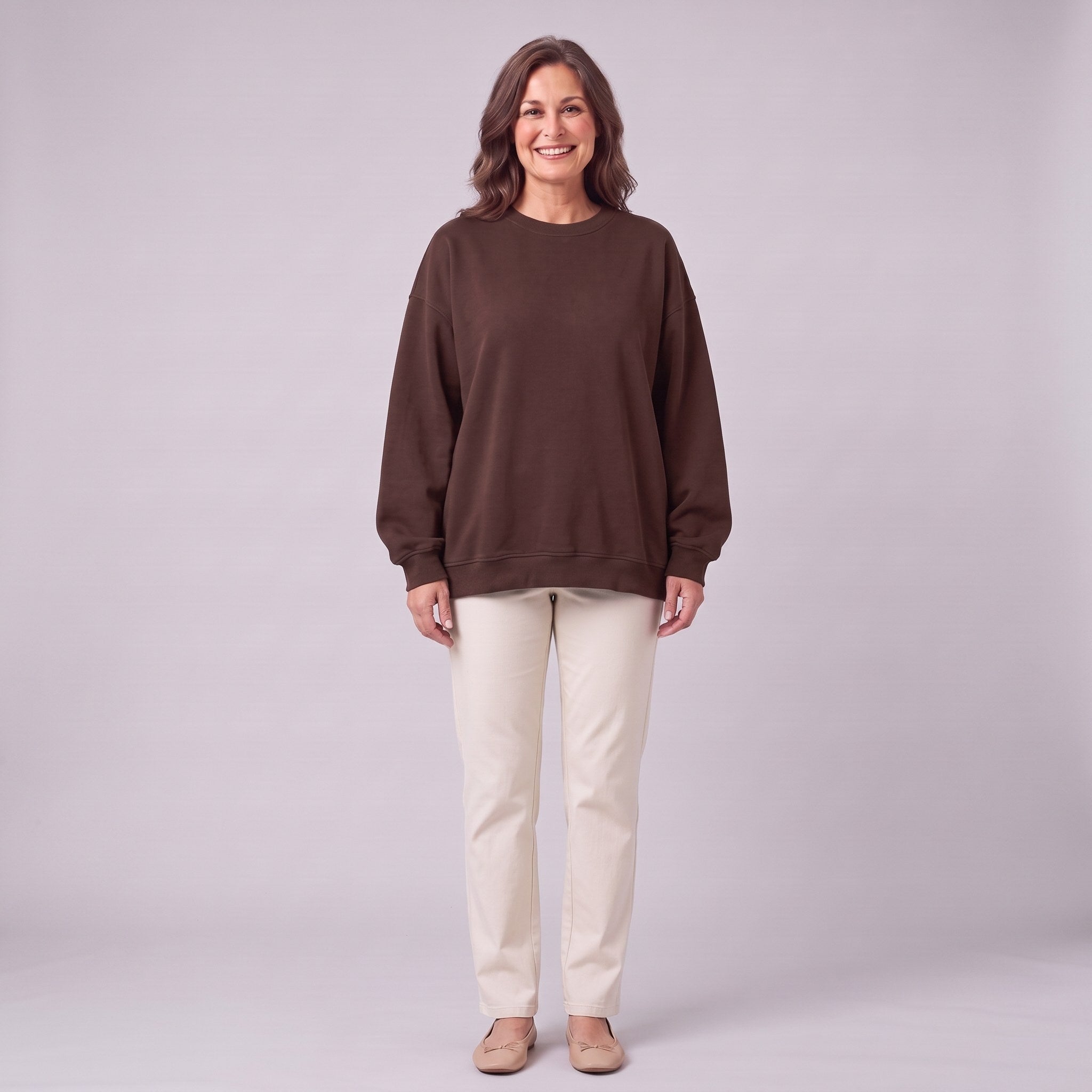 Kaia oversized sweatshirt in chocolate brown, front view on model