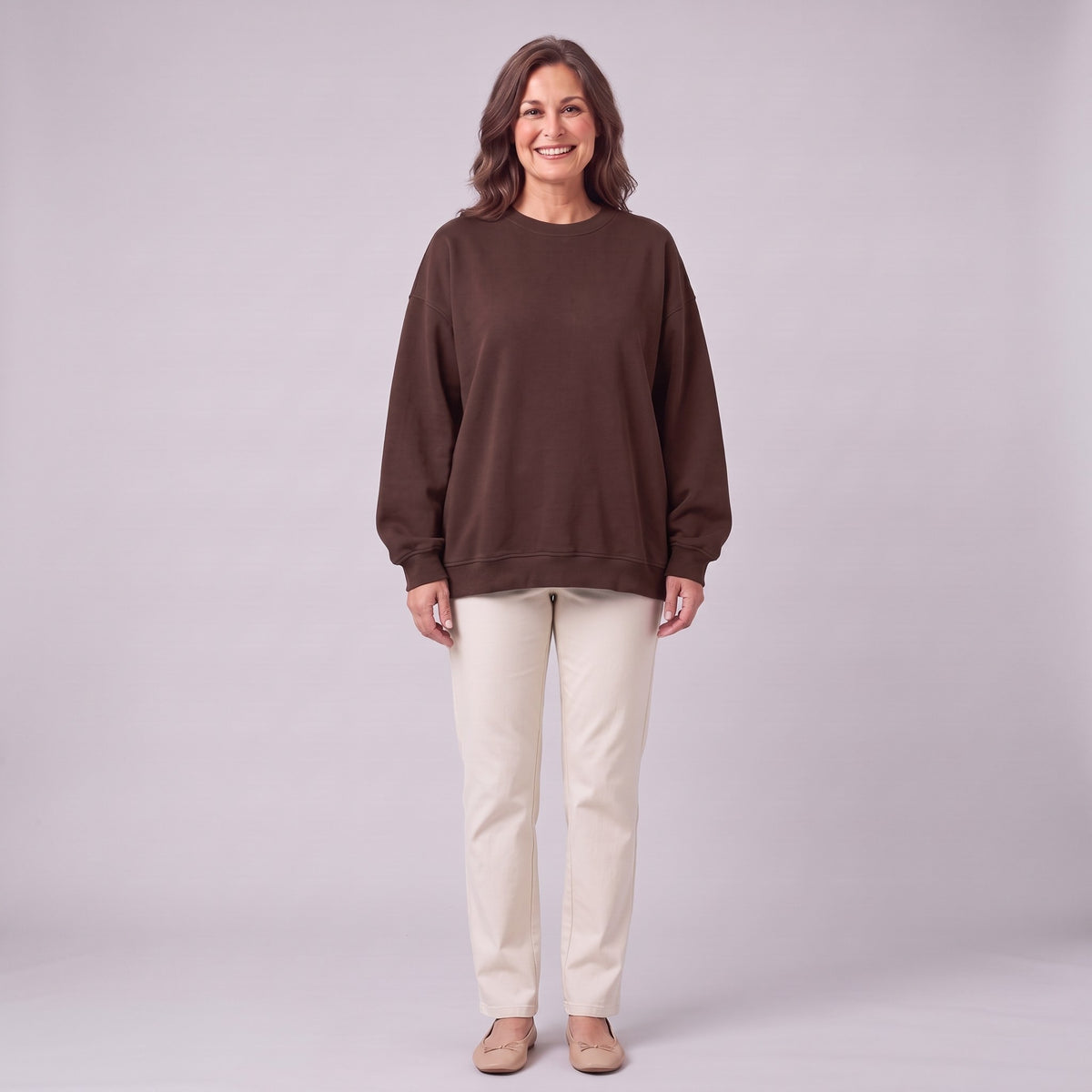 Kaia oversized sweatshirt in chocolate brown, front view on model