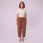 Kerensa barrel leg corduroy trousers in rust brown, front view on model