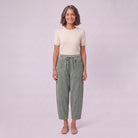 Kerensa barrel leg corduroy trousers in sage green, front view on model