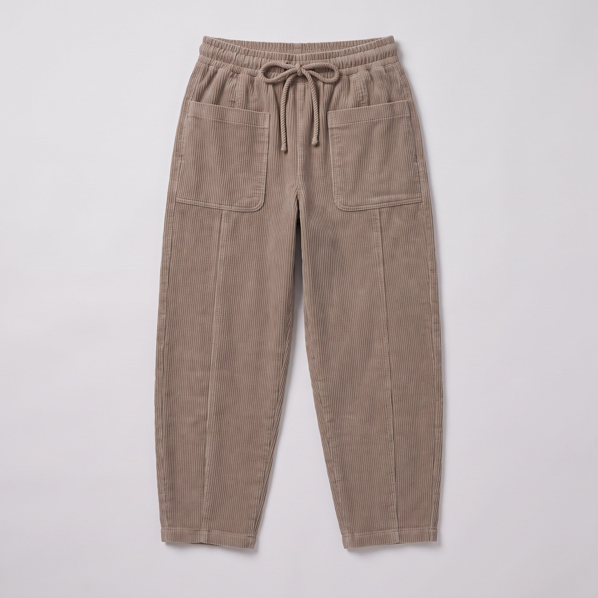 Kerensa barrel leg corduroy trousers flat lay, full garment on light grey