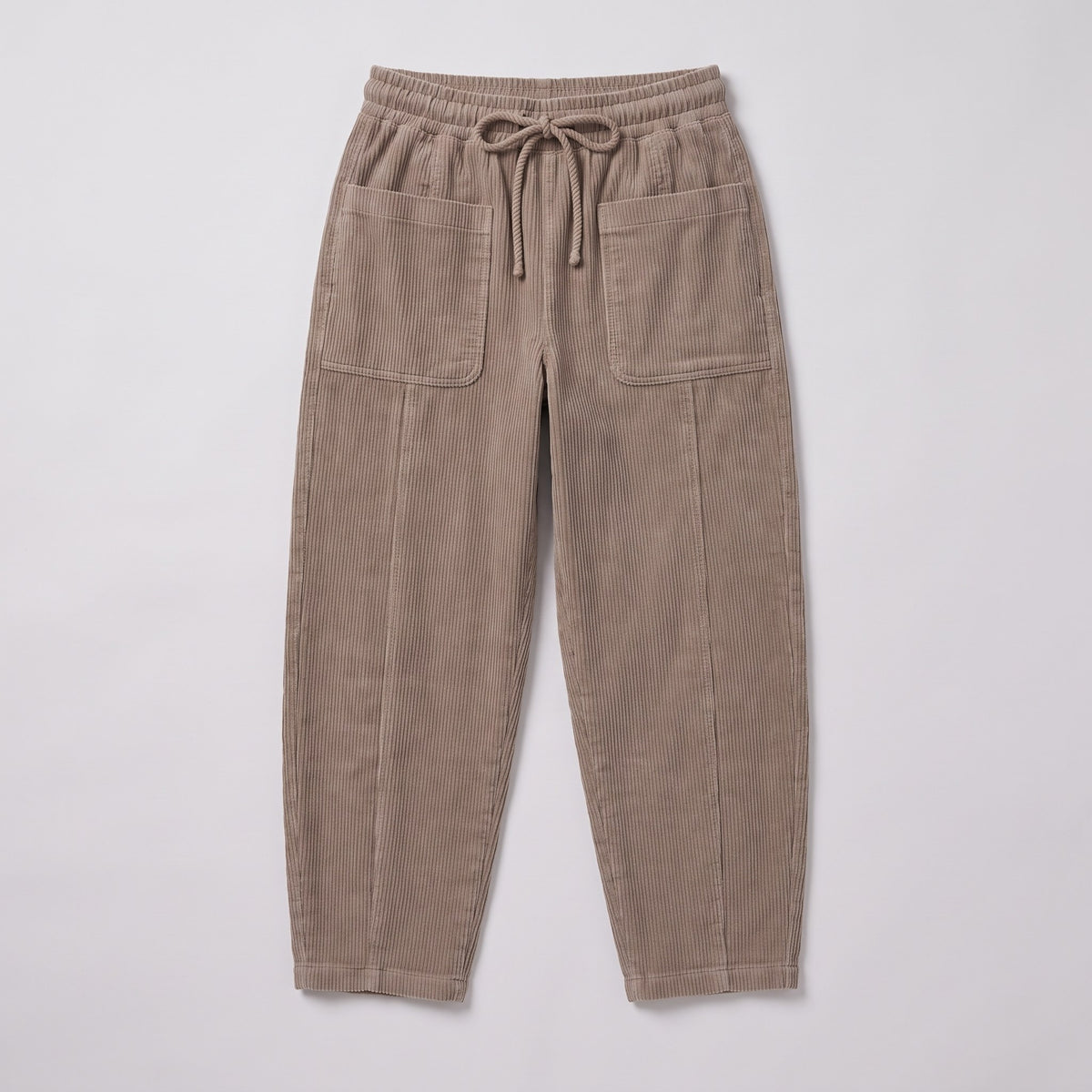 Kerensa barrel leg corduroy trousers flat lay, full garment on light grey