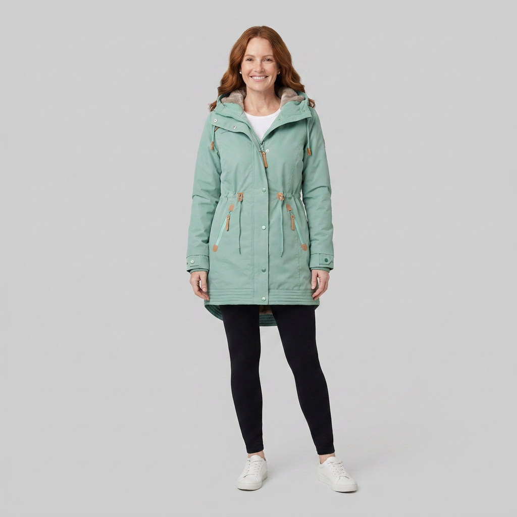 Green water-repellent parka with warm lining, shaped through the waist, view 1