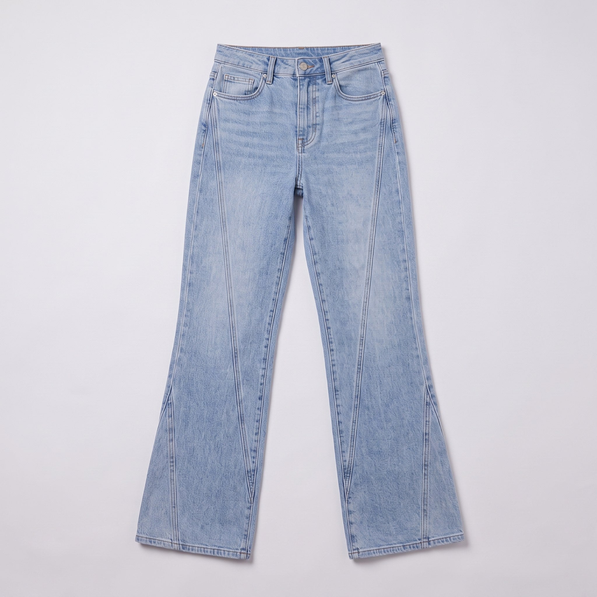 Lavinia high rise flared jeans flat lay, full garment on light grey