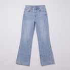 Lavinia high rise flared jeans flat lay, full garment on light grey