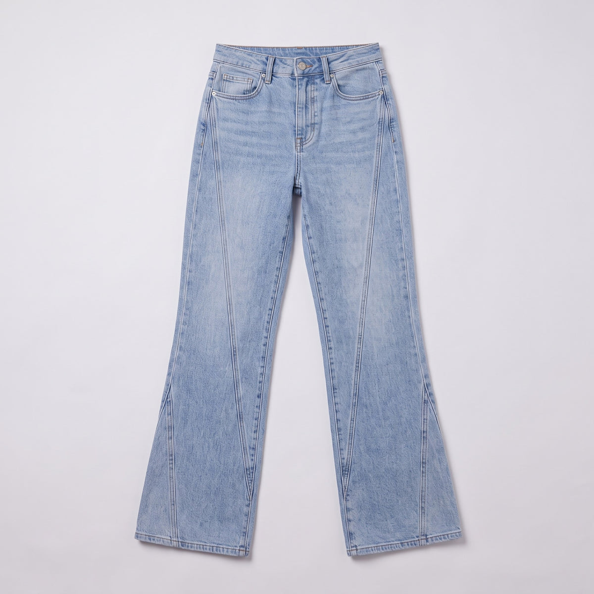 Lavinia high rise flared jeans flat lay, full garment on light grey