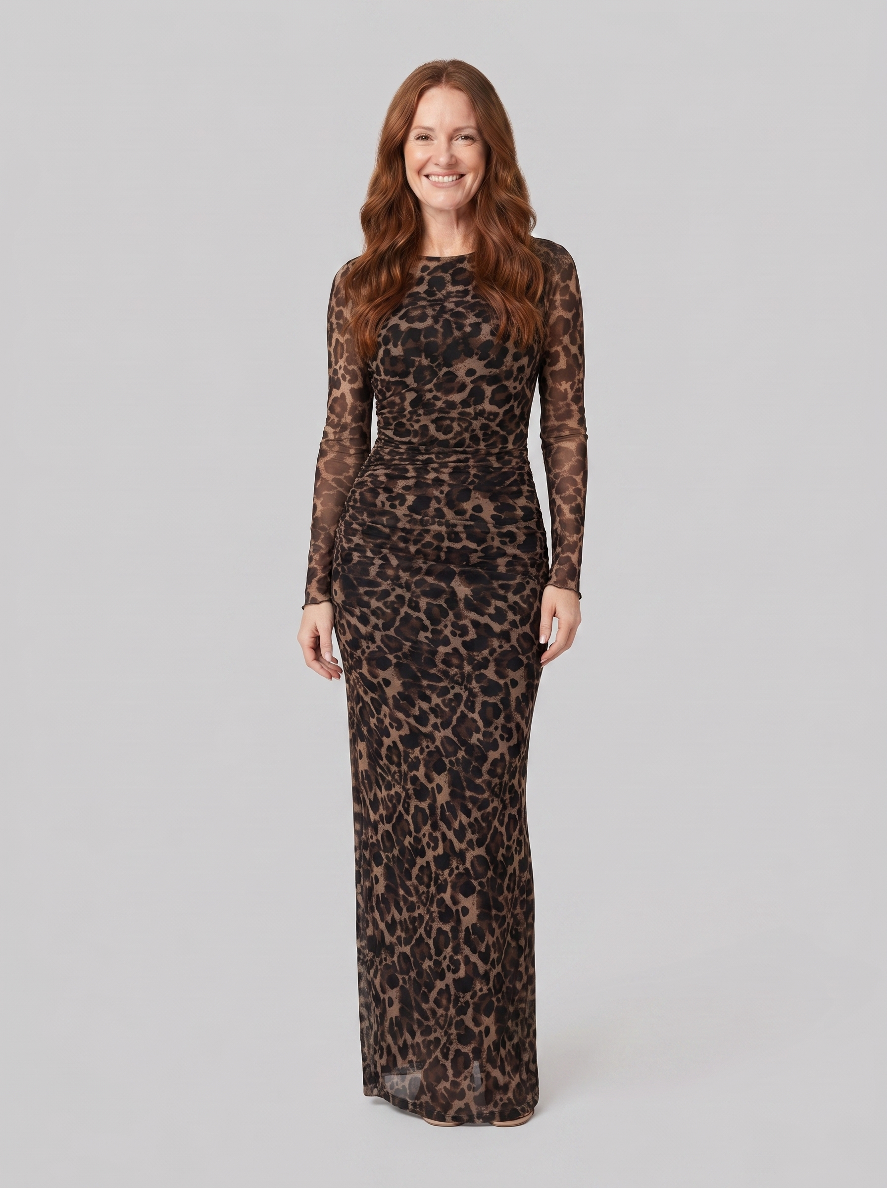 Leopard print gown with long sleeves in stretch mesh, view 1