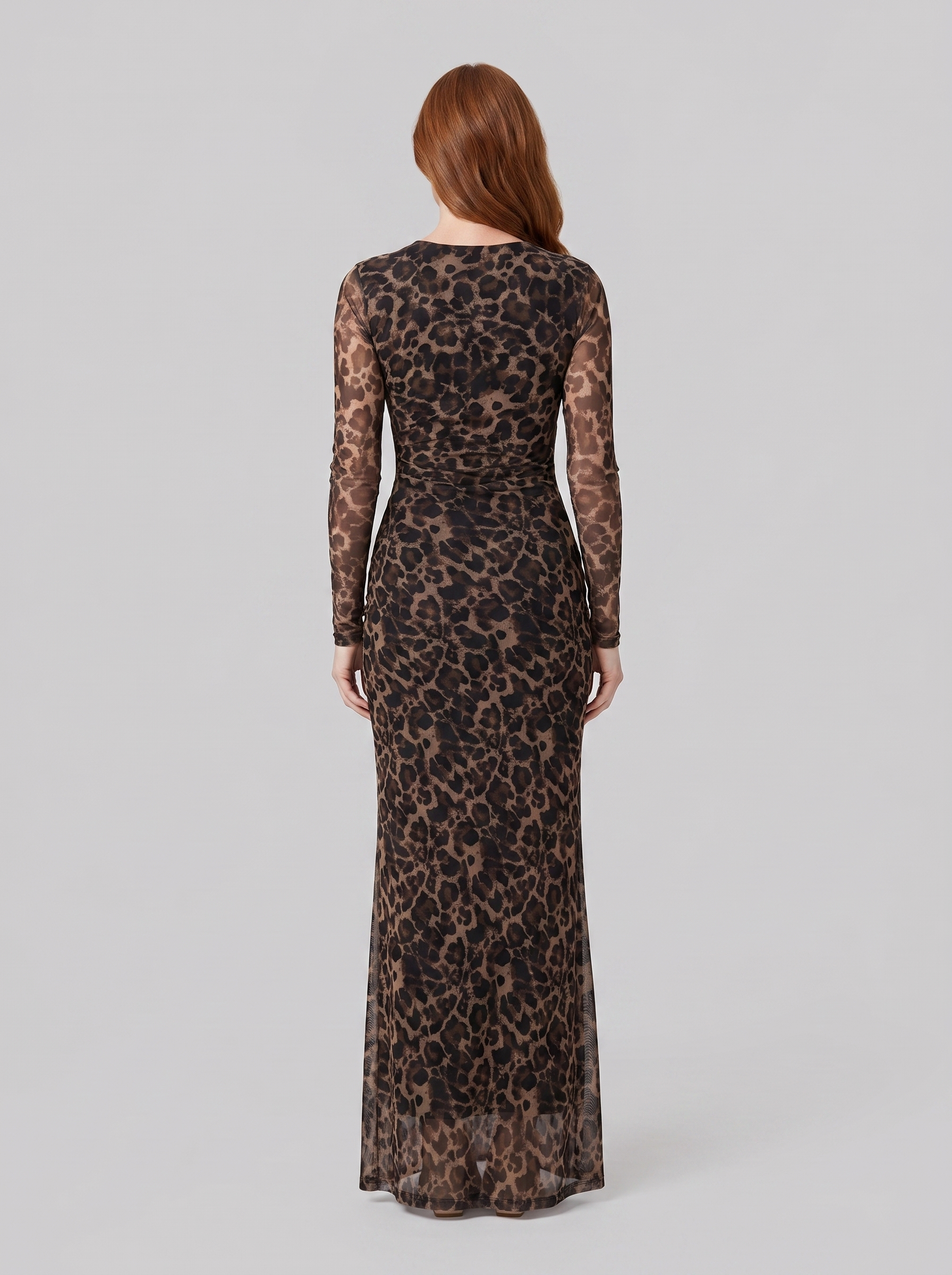 Leopard print gown with long sleeves in stretch mesh, view 3