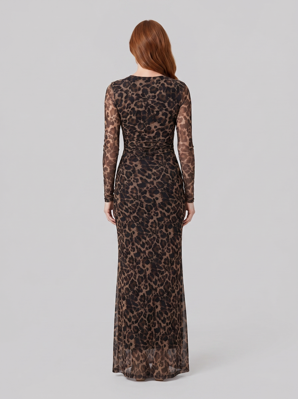 Leopard print gown with long sleeves in stretch mesh, view 3