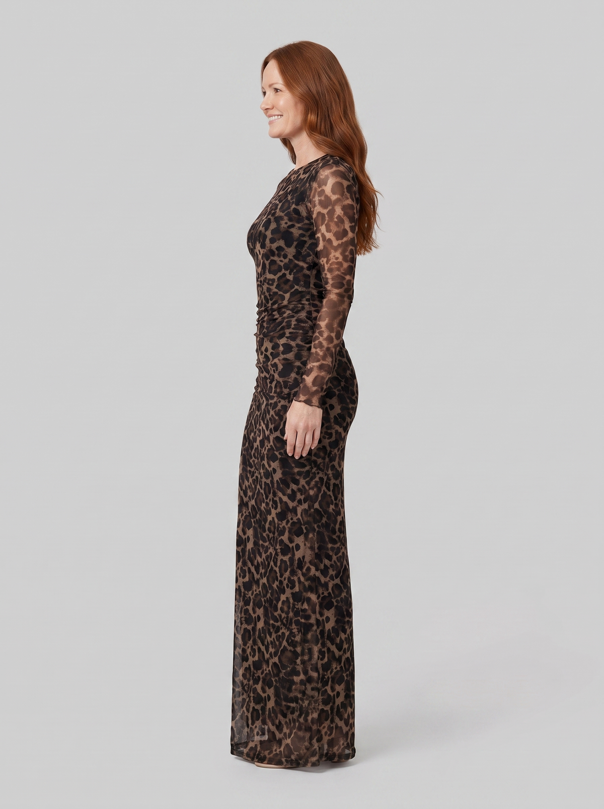 Leopard print gown with long sleeves in stretch mesh, view 4