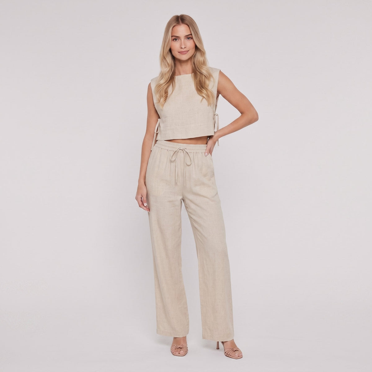 Khaki linen-blend co-ord set, sleeveless crop tank and wide-leg trousers, front view