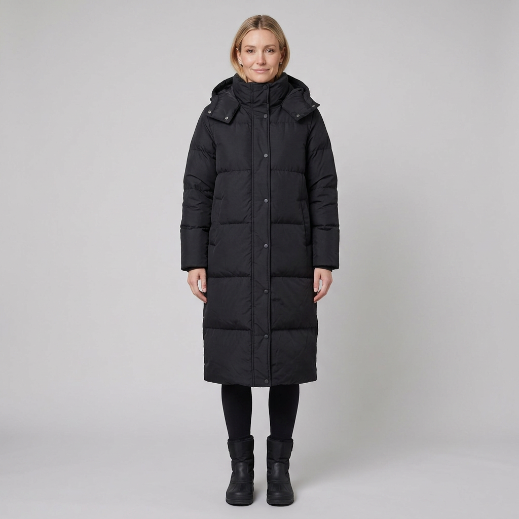 Long hooded puffer coat with insulated padding, view 1