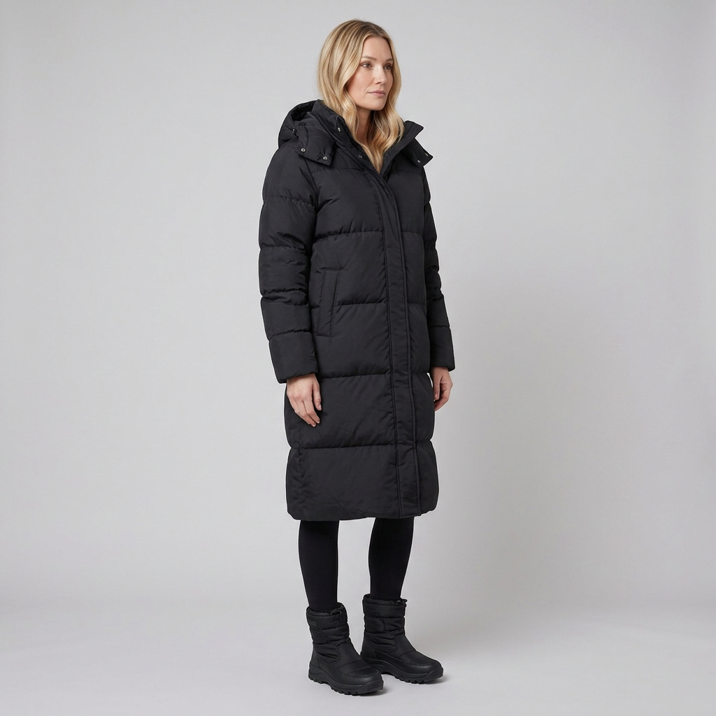 Insulated long puffer coat with a hood, view 2
