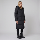 Insulated long puffer coat with a hood, view 2