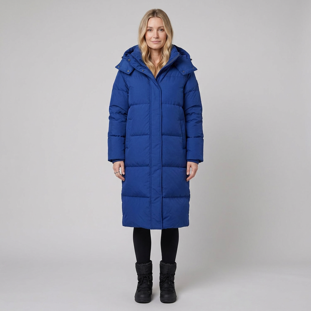 Wind-resistant long puffer coat with a hood, view 7