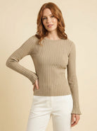 Slim-fit ribbed knit top with flared cuffs, view 2