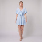 Light blue mini dress with a V-neck and bow tie detail, view 3