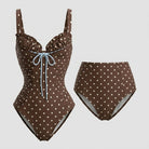 One-piece swimming costume in light coffee with a polka dot print, view 1