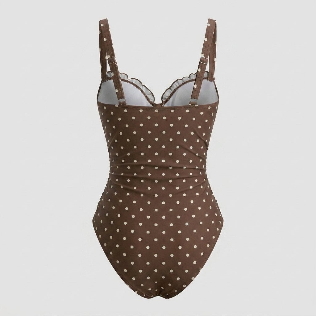 High rise swimming costume with a vintage polka dot print, view 2
