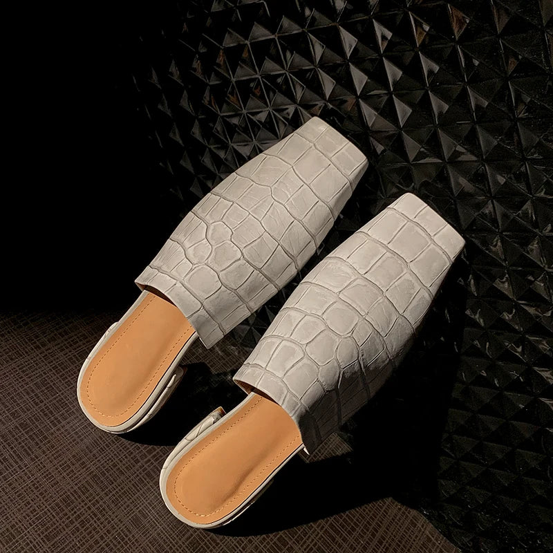 Croc-embossed mules with a low block heel, view 2