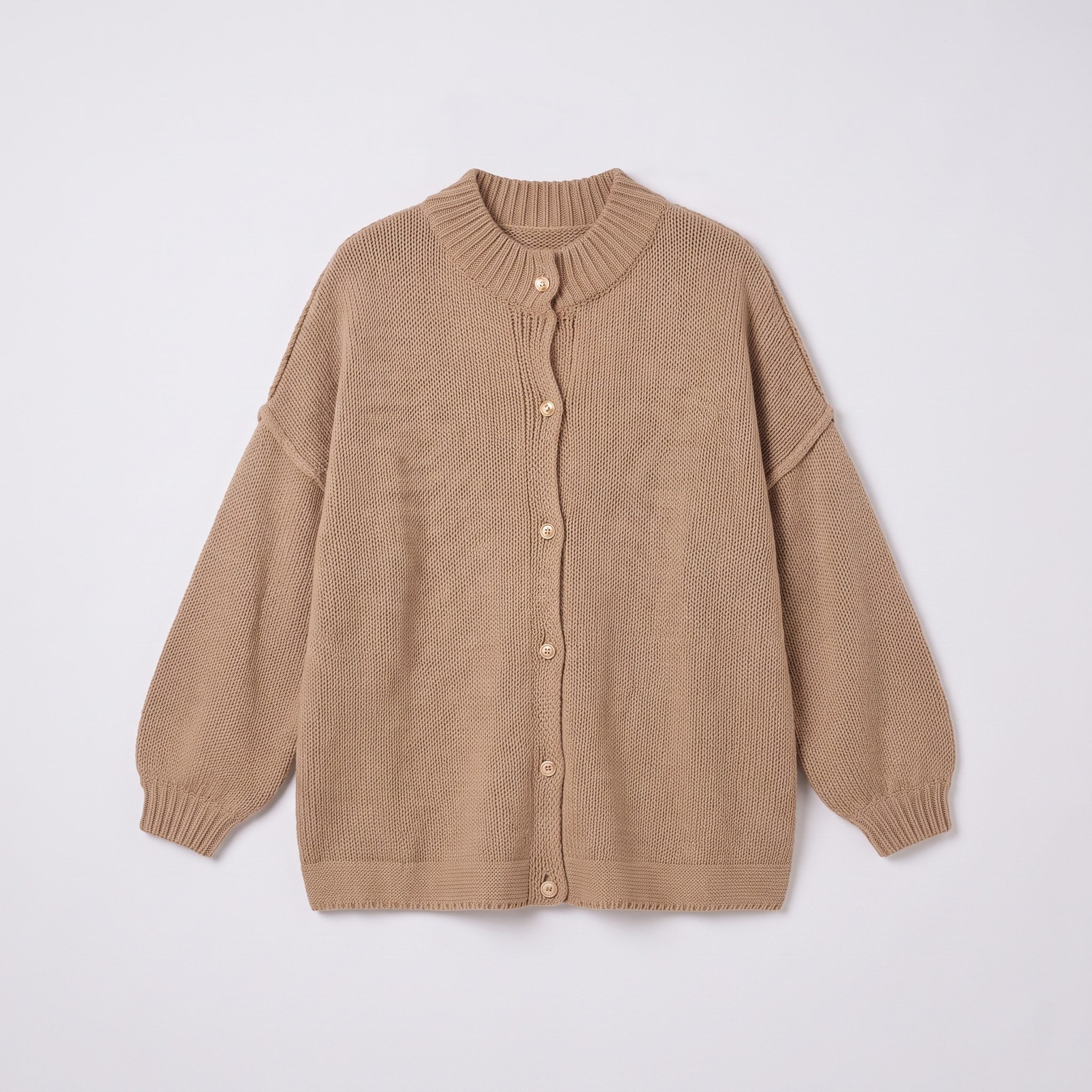 Magali oversized cardigan in camel, flat lay of the button front cardigan