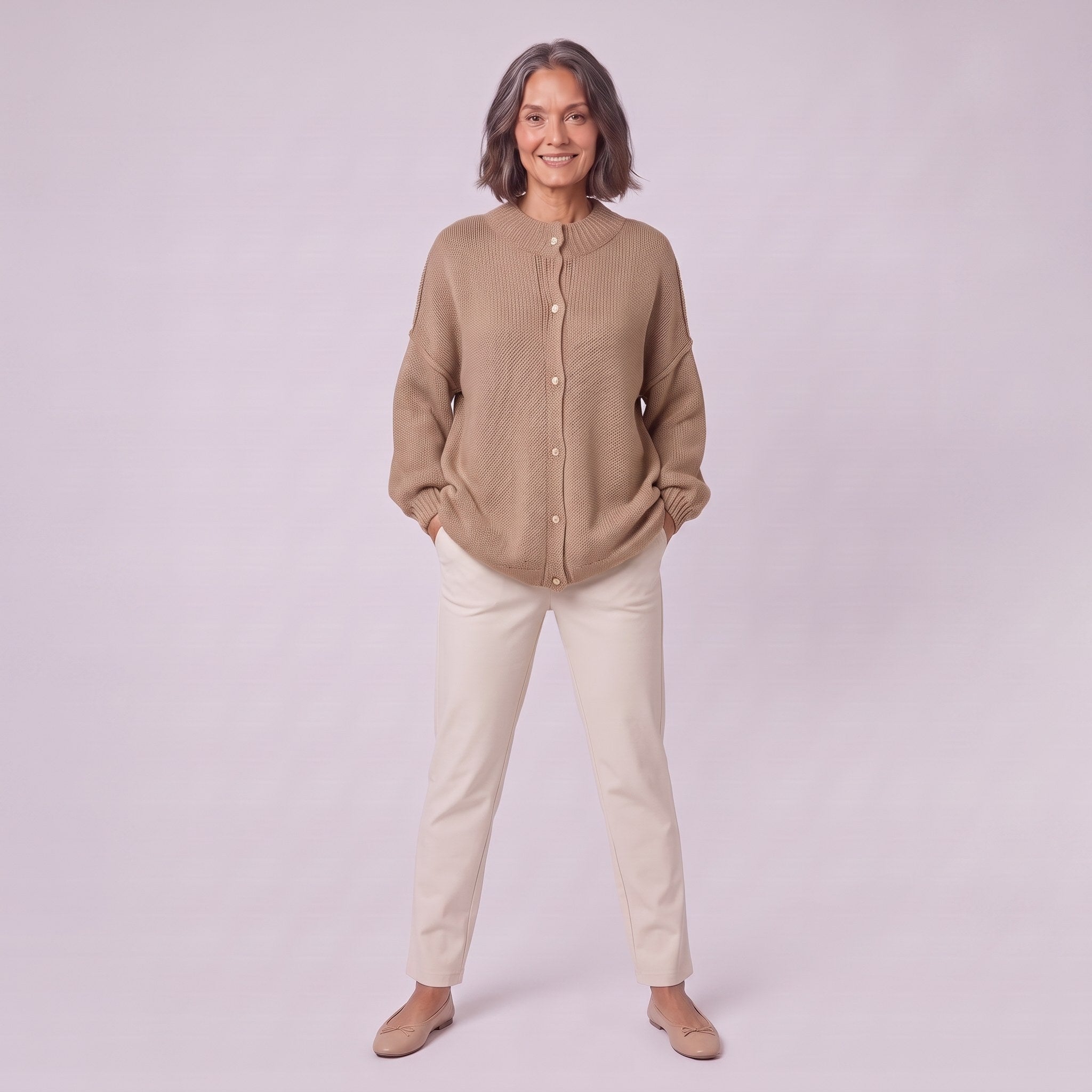 Magali oversized cardigan in camel, full front view showing relaxed oversized fit