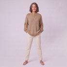 Magali oversized cardigan in camel, full front view showing relaxed oversized fit