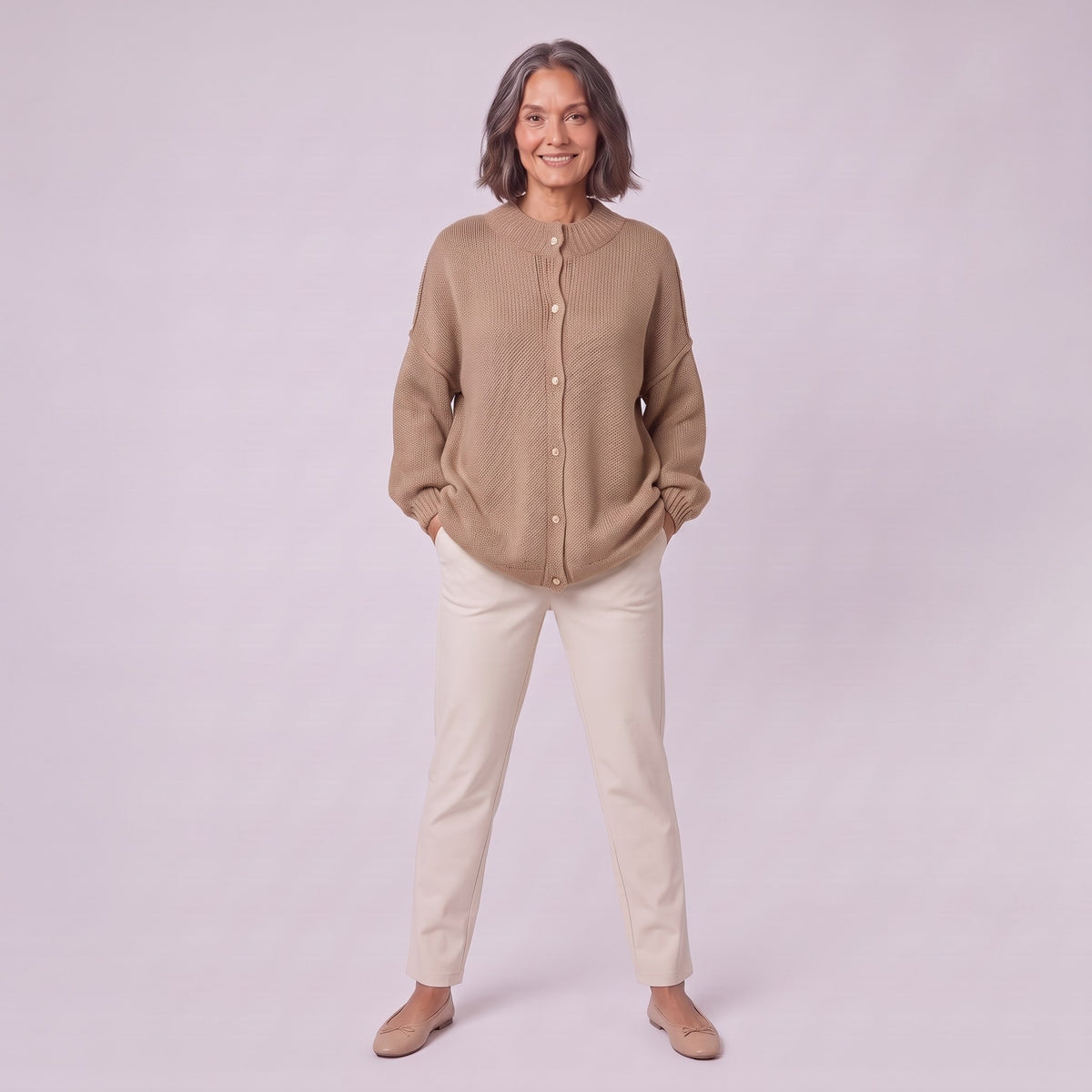 Magali oversized cardigan in camel, full front view showing relaxed oversized fit