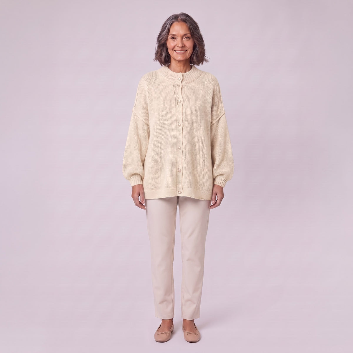 Magali oversized cardigan in cream beige, front view on model