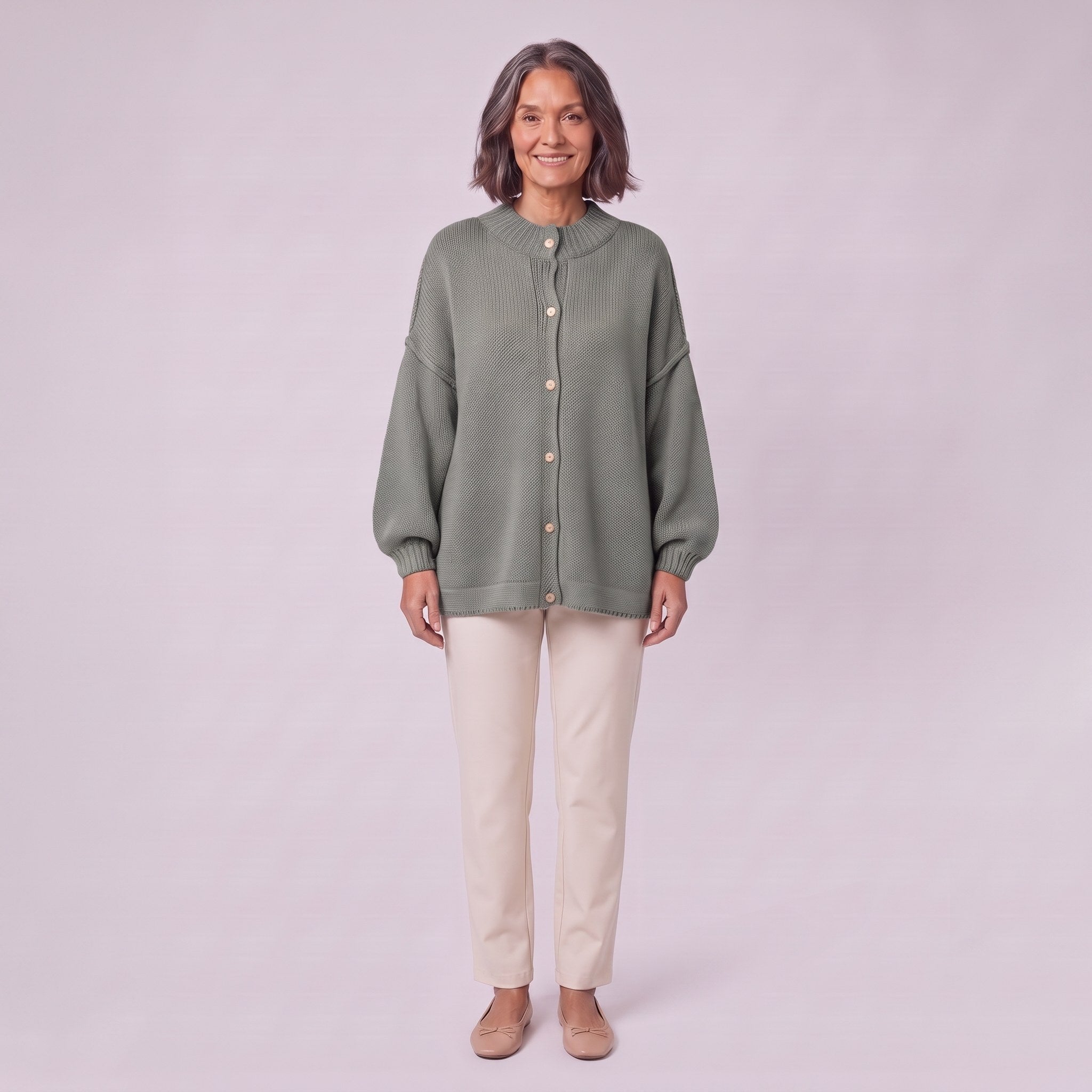 Magali oversized cardigan in sage green, front view on model