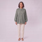 Magali oversized cardigan in sage green, front view on model