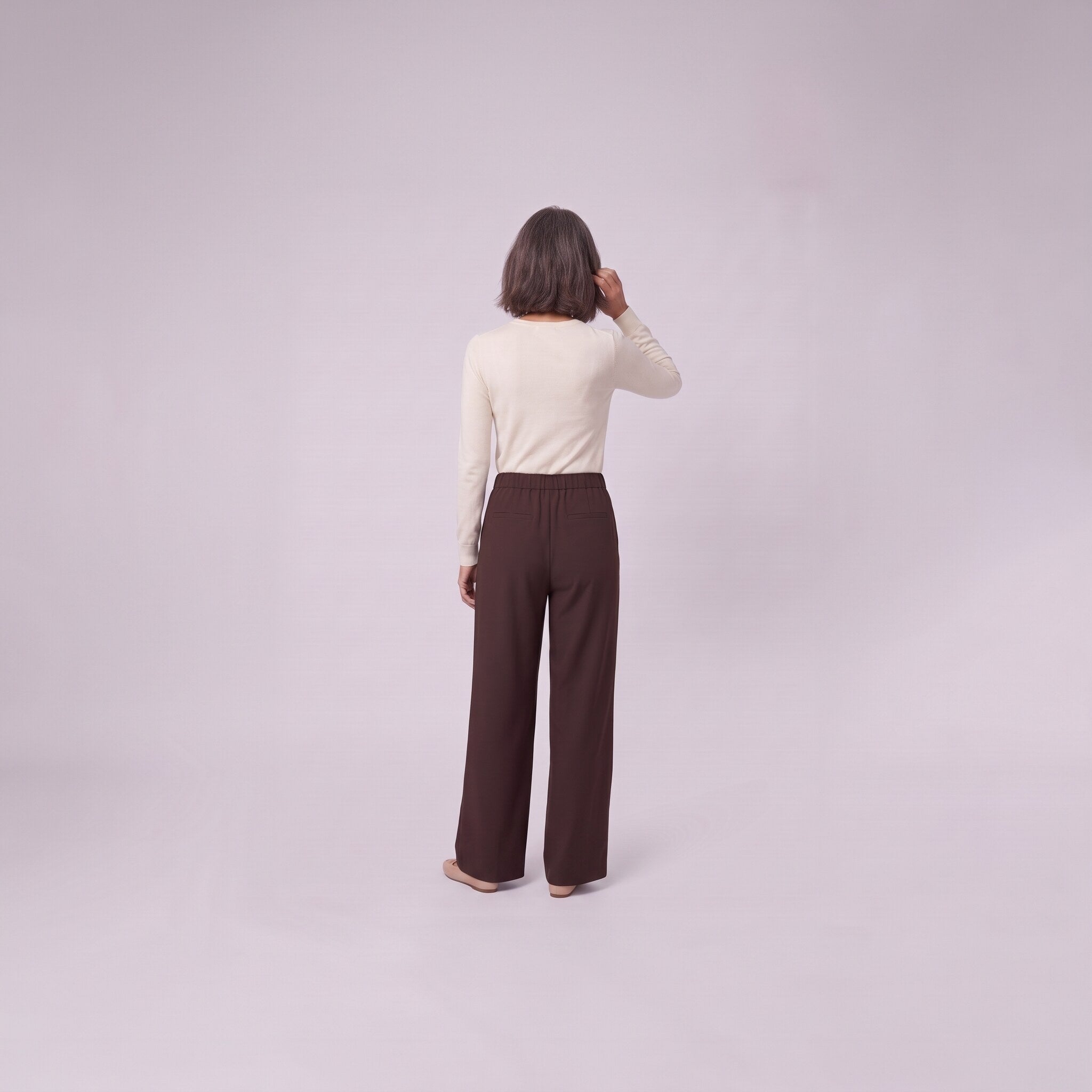Mairead wide leg trousers in milk chocolate brown, back view on model