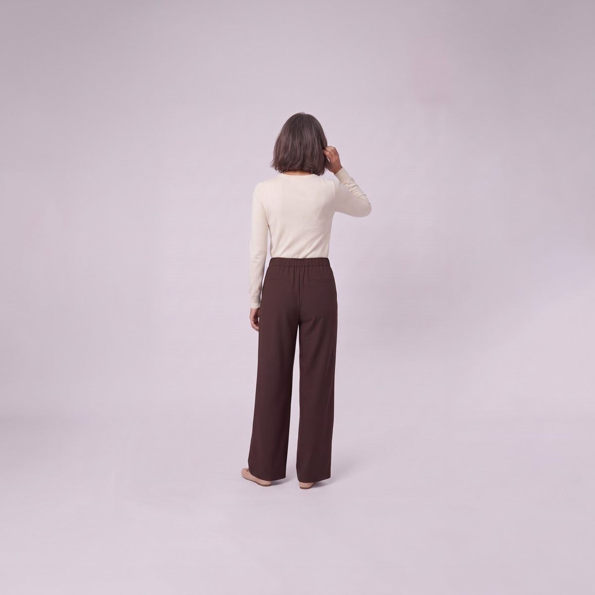 Mairead wide leg trousers in milk chocolate brown, back view on model