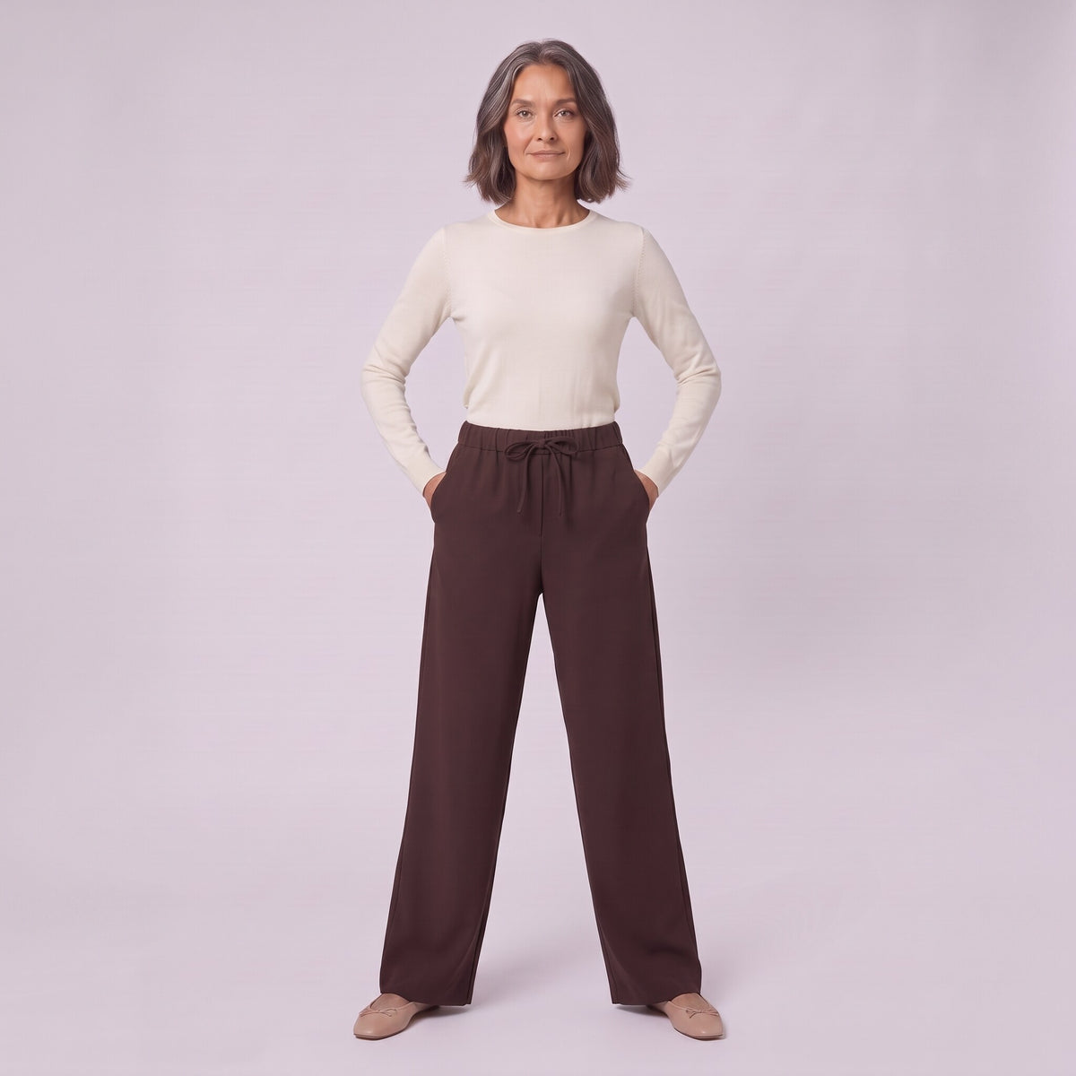 Mairead wide leg trousers in milk chocolate brown, full-length view with hands in pockets