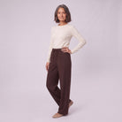 Mairead wide leg trousers in milk chocolate brown, three-quarter view showing the drawstring waist
