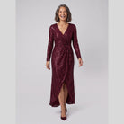 Sequin gown with a wrap V-neck and asymmetric ruffled hem, view 3