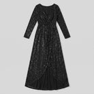 Sequin gown with a wrap V-neck and asymmetric ruffled hem, view 7