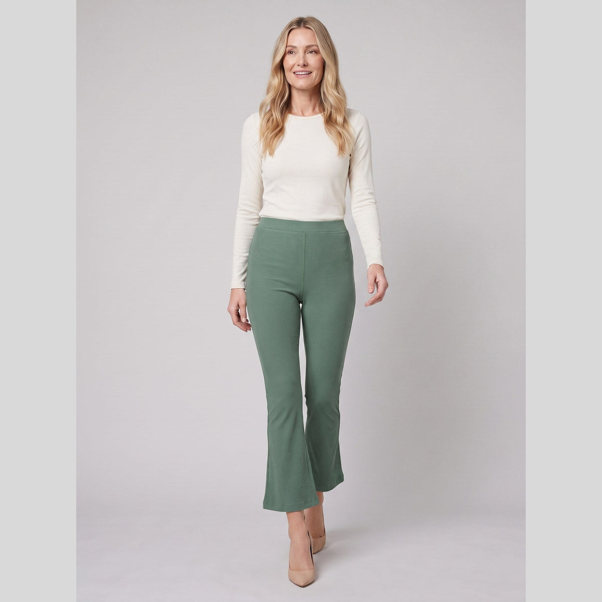 Ribbed stretch knit kick flare trousers, view 2