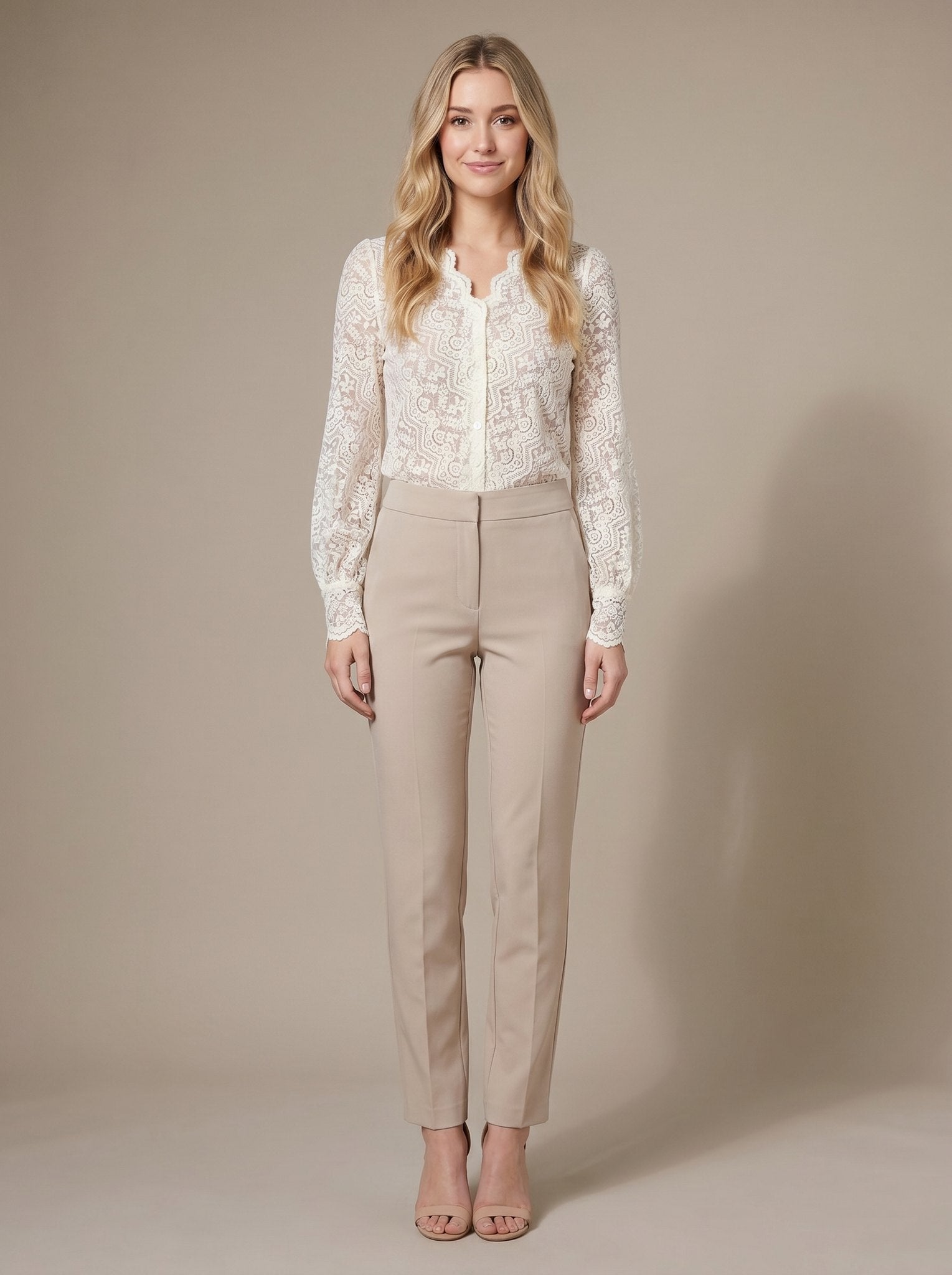 Cream sheer lace shirt with a button front, view 1